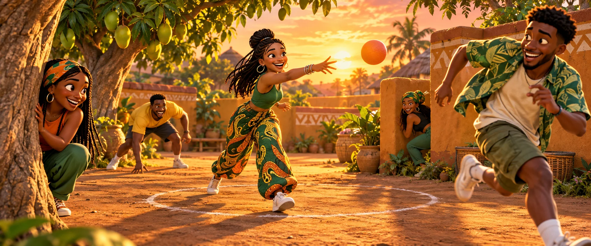 Illustrated Bojiboji players chasing a ball around a leafy village courtyard